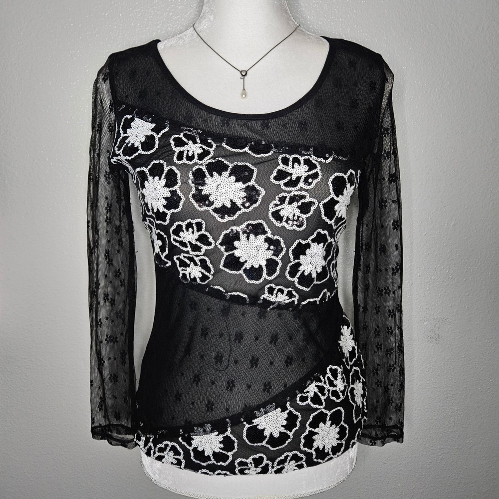 DeCo Black Sheer Mesh Floral Sequin‎ Long Sleeve Top
